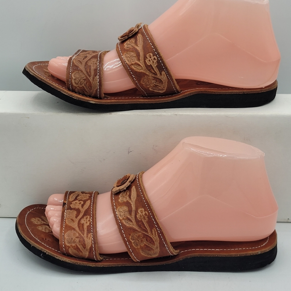 Embroidered Brown Leather Slide Sandals - Women's